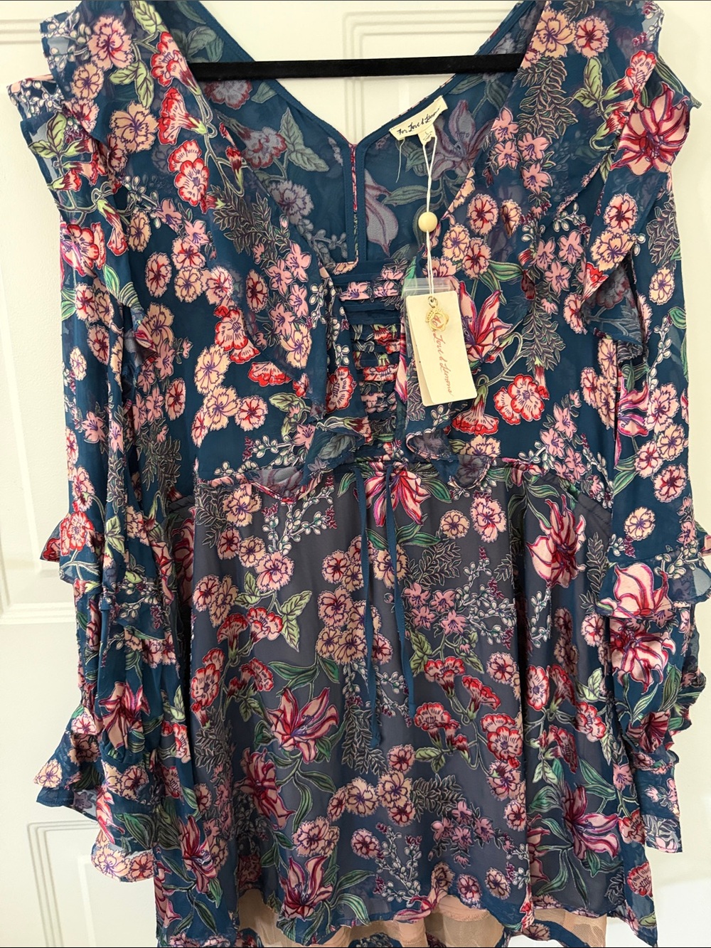 For Love And Lemons Navy Floral Mini Dress with Pink & Red Blooms